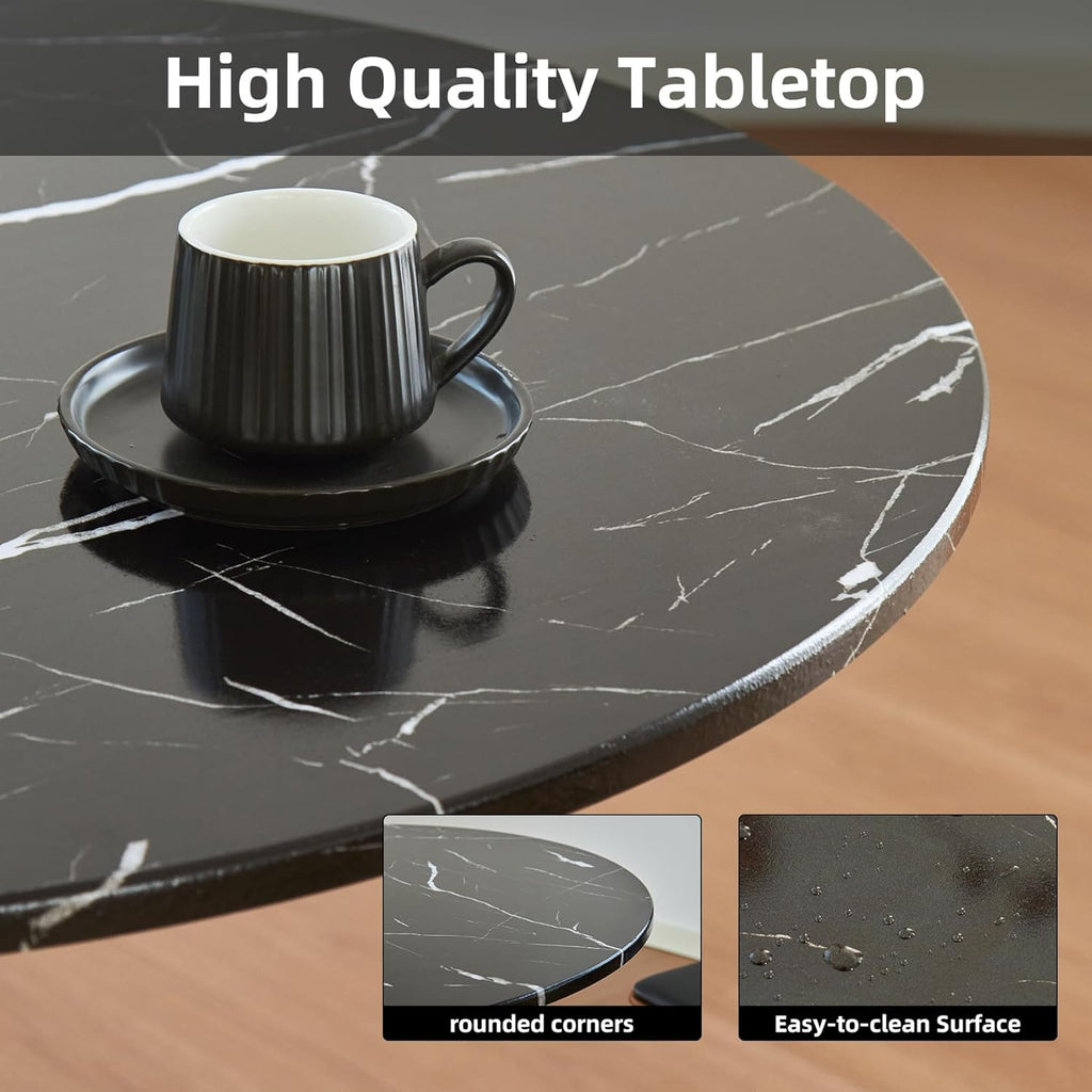 Table de salle à manger ronde, table tulipe circulaire de 80 cm dotée de plateau épais et pied en métal, table bistro moderne du milieu du siècle pour cuisine, petits espaces, salon, café (motif marbre noir)