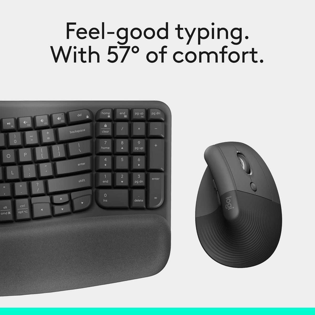 Logitech Wave Keys & Lift Vertical Mouse - Ensemble clavier et souris à connectivité sans fil ergonomiques - doté de repose-poignets rembourré, fonction Easy-Switch, Bluetooth, compatible Windows/Mac - Graphite