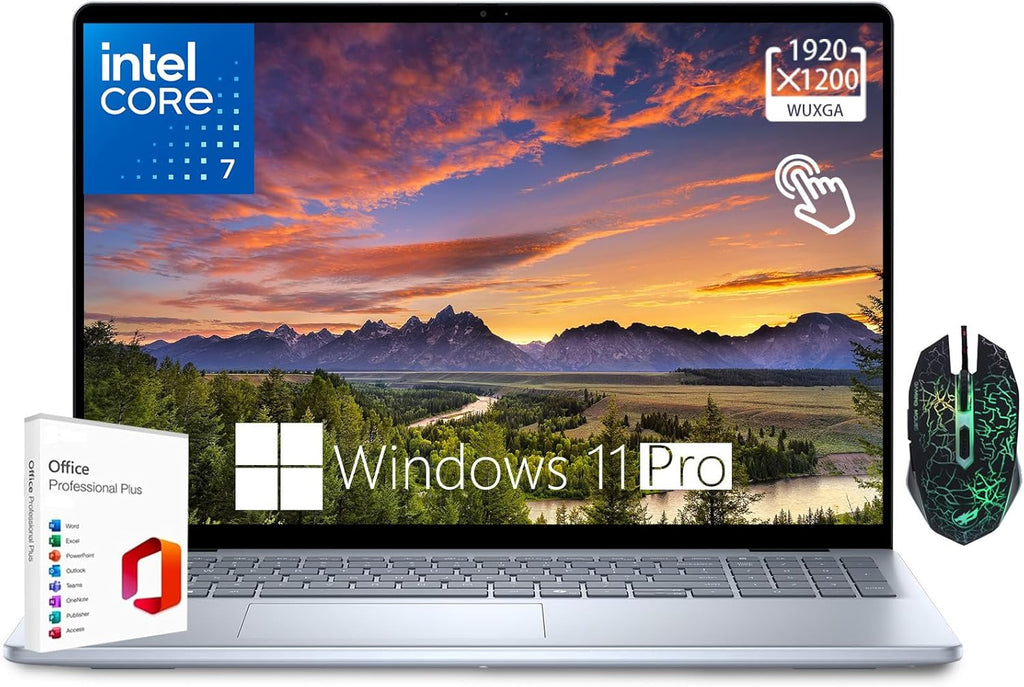 Ordinateur compact portable professionnel Dell Inspiron 16 : écran tactile 16:10 FHD+ (1920 x 1200), processeur Intel Core i7-150U, 64 Go de RAM DDR5, SSD de 4 To, clavier rétroéclairé, Wi-Fi 6E, licence à vie Microsoft Office et souris dédiée