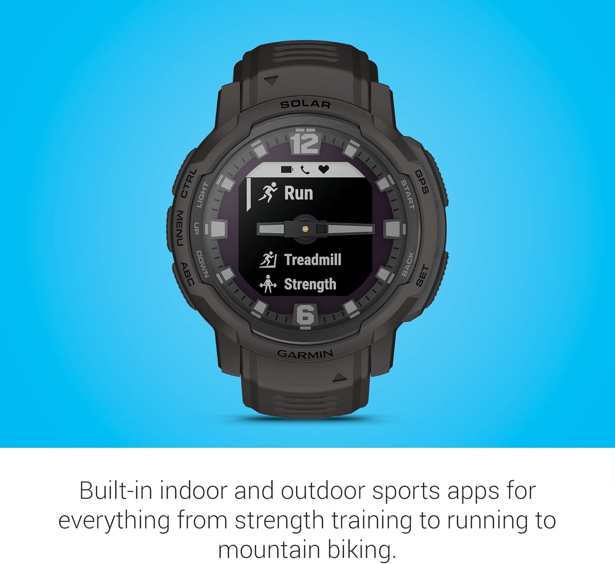 Présentation : Montre connectée hybride robuste Garmin Instinct Crossover Solar avec chargement solaire, aiguilles analogiques et affichage numérique, couleur graphite