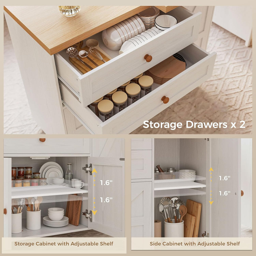 Îlot de cuisine mobile IRONCK dotée de rangement, chariot de cuisine de 180 cm avec 3 étagères et tiroirs, plateau pivotant à 360° et porte-épices, blanc