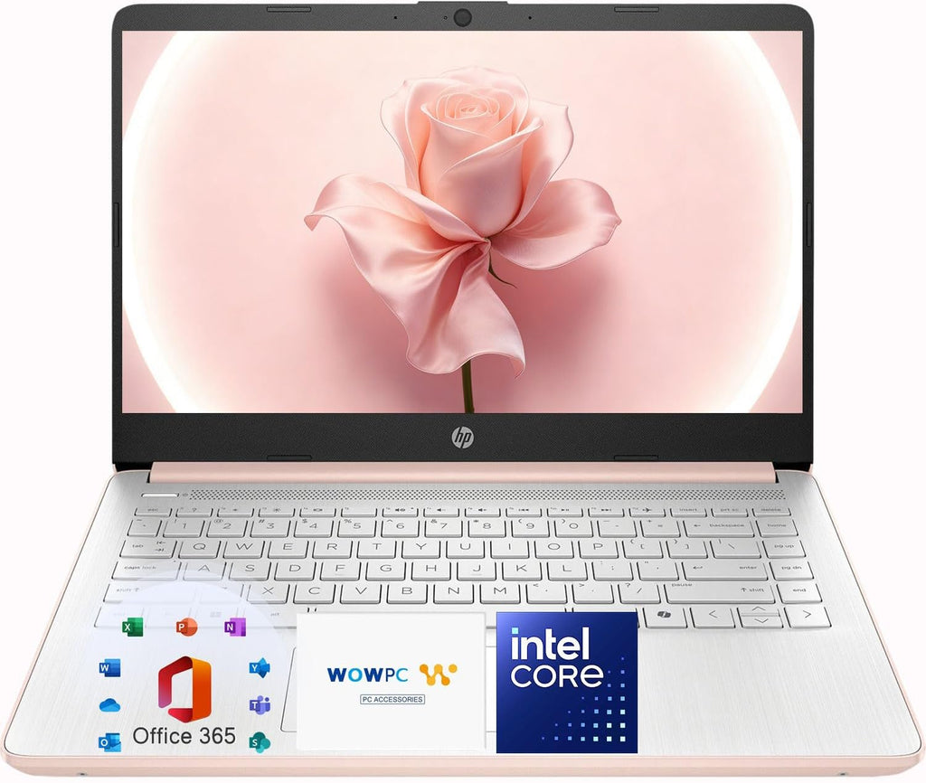 Ordinateur compact portable léger HP 14″ or rose avec Office 365 et Copilot AI, processeur Intel, 4 Go de RAM, SSD de 64 Go + 1 To de stockage cloud