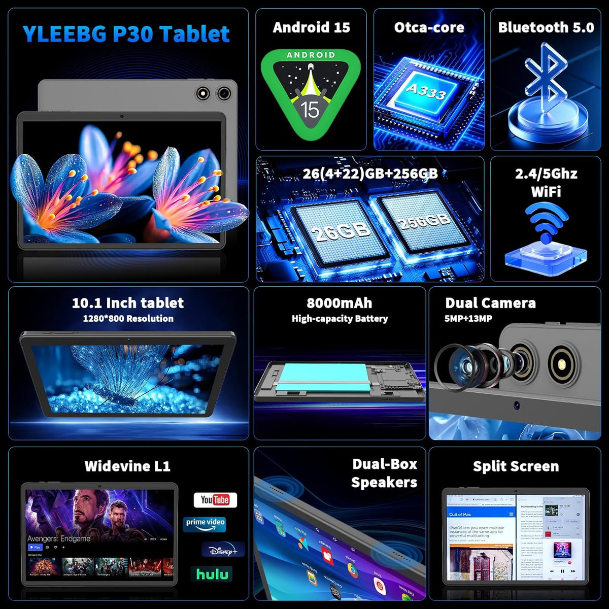 Tablette tactile Android 15 10 pouces (2026) avec clavier, 26 Go + 256 Go, extensible jusqu'à 2 To, Gemini AI avec processeur octocœur, batterie 8 000 mAh, Wi-Fi 5G, GPS, GMS, Widevine L1, tablette 2 en 1 avec étui, souris et stylet (étui noir).