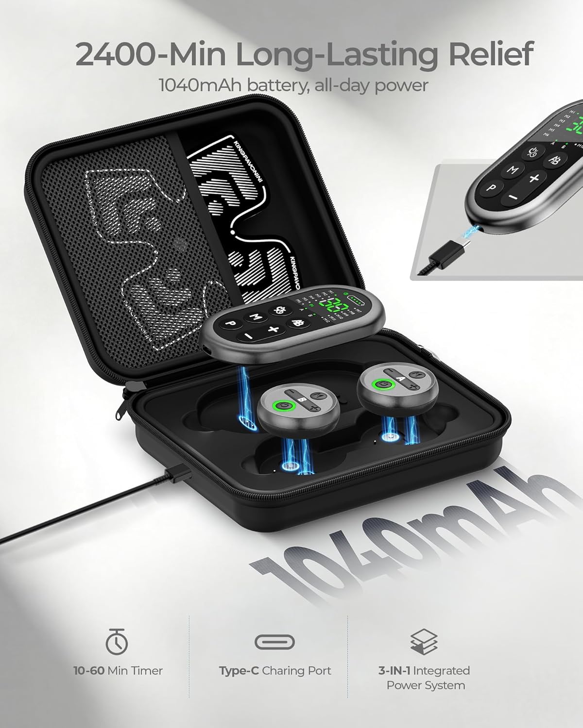 Appareil d'électrostimulation musculaire à connectivité sans fil KingPavonini TENS - Rangement et chargement tout-en-un, 48 modes et 30 intensités, appareil TENS à double canal pour le soulagement de la douleur, électrodes XL pour le dos, les…