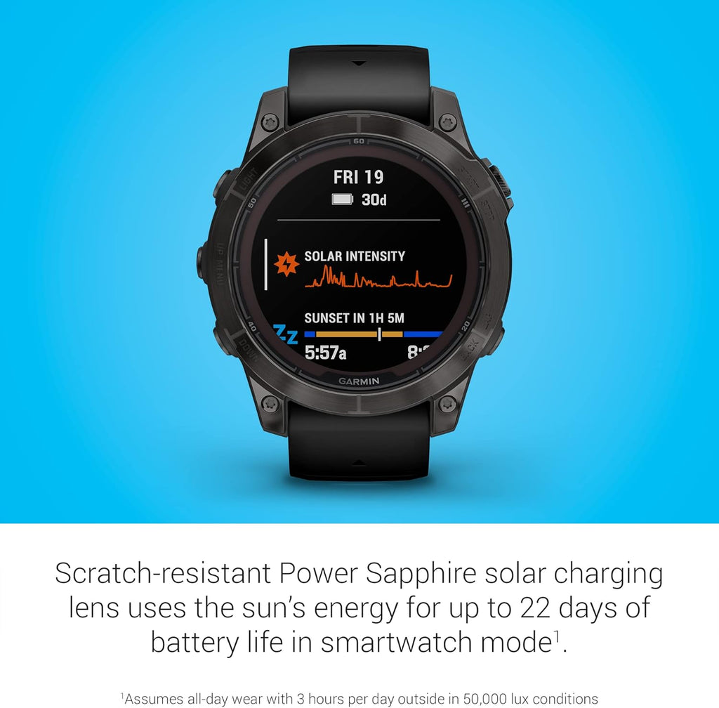 Présentation : Montre connectée GPS multisport Garmin fēnix 7 Pro Sapphire Solar avec lampe torche intégrée et recharge solaire, couleur noire.
