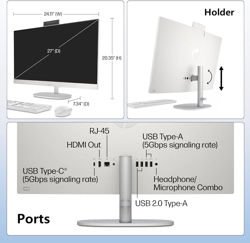 Ordinateur tout-en-un HP 27" FHD tactile – Tout pour travailler en toute simplicité. Processeur Intel Core Ultra 7 155U, 16 Go de RAM DDR5, SSD de 1 To, accès gratuit à Internet et Office, ports HDMI et Ethernet, Windows 11 Professionnel, station…