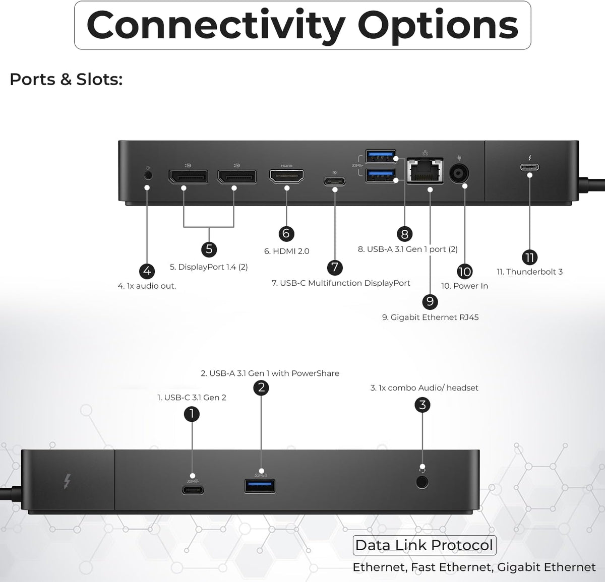 Station d'accueil Dell WD19TB Thunderbolt doté de adaptateur secteur 180 W (130 W Power Delivery), câble HDMI, câble DisplayPort, câble Thunderbolt et chiffon en microfibre inclus.