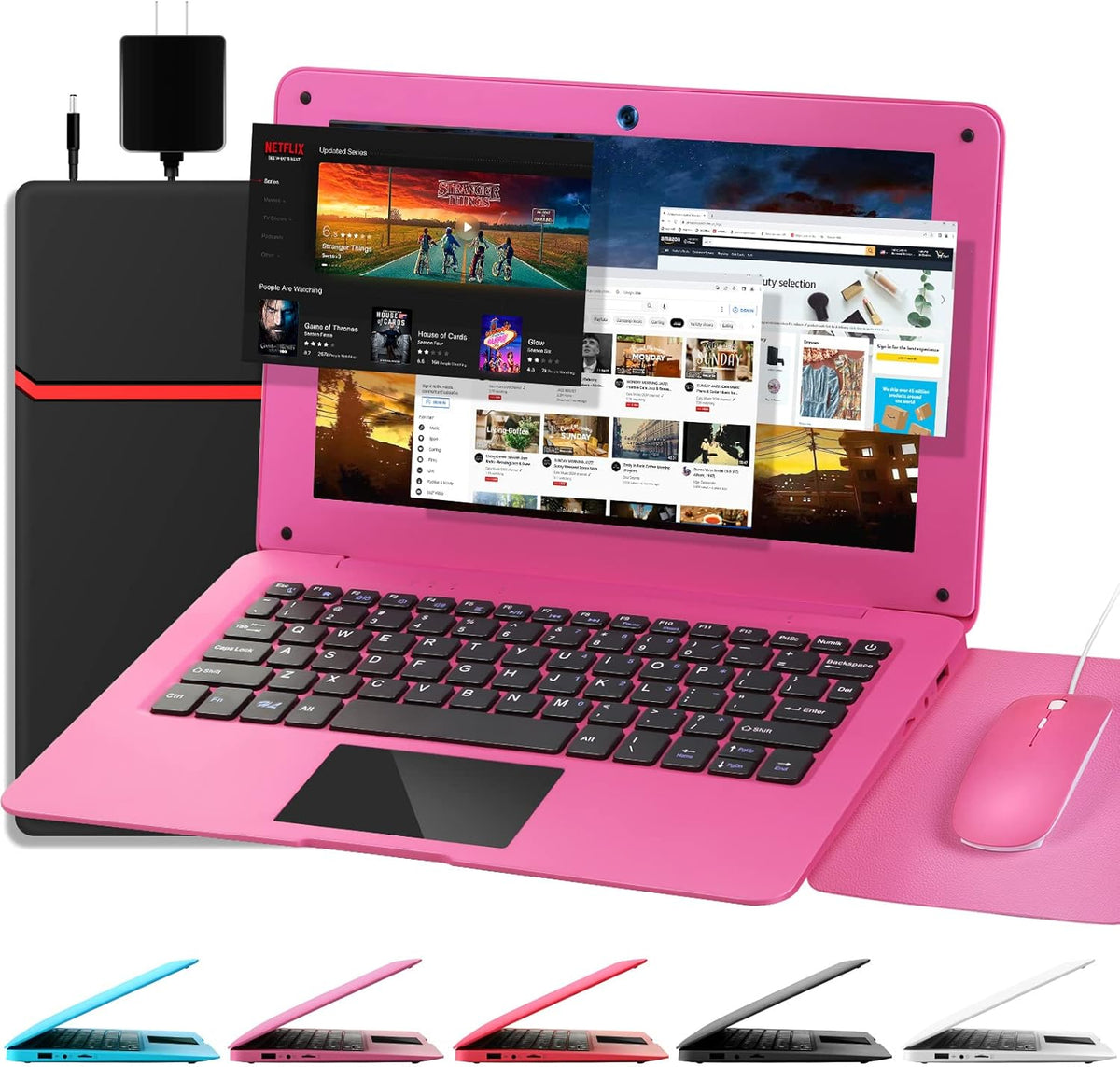 Ordinateur compact portable G-Anica (10,1 pouces), processeur quadricœur sous Android 12.0, netbook avec Wi-Fi, webcam et Bluetooth, mini ordinateur compact portable avec sacoche, souris et tapis de souris pour enfants et adultes (rouge)