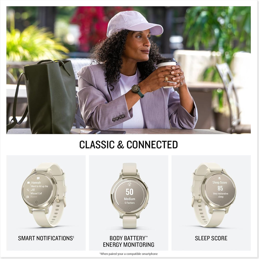 Présentation : Garmin Lily® 2 Active Montre connectée compacte et élégante GPS intégré Écran dissimulé Verre à motifs Jusqu'à 9 jours d'autonomie Couleur or lunaire Bracelet en silicone couleur os