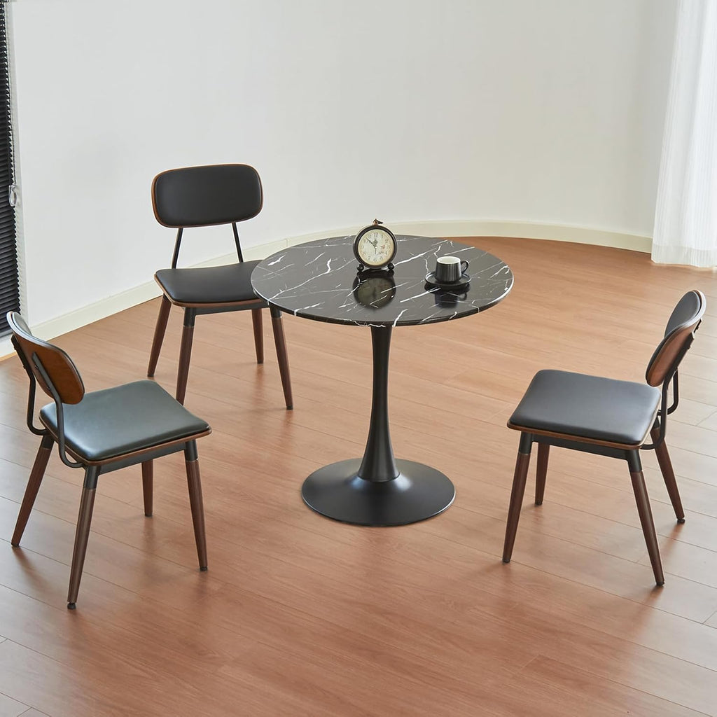 Table de salle à manger ronde, table tulipe circulaire de 80 cm dotée de plateau épais et pied en métal, table bistro moderne du milieu du siècle pour cuisine, petits espaces, salon, café (motif marbre noir)