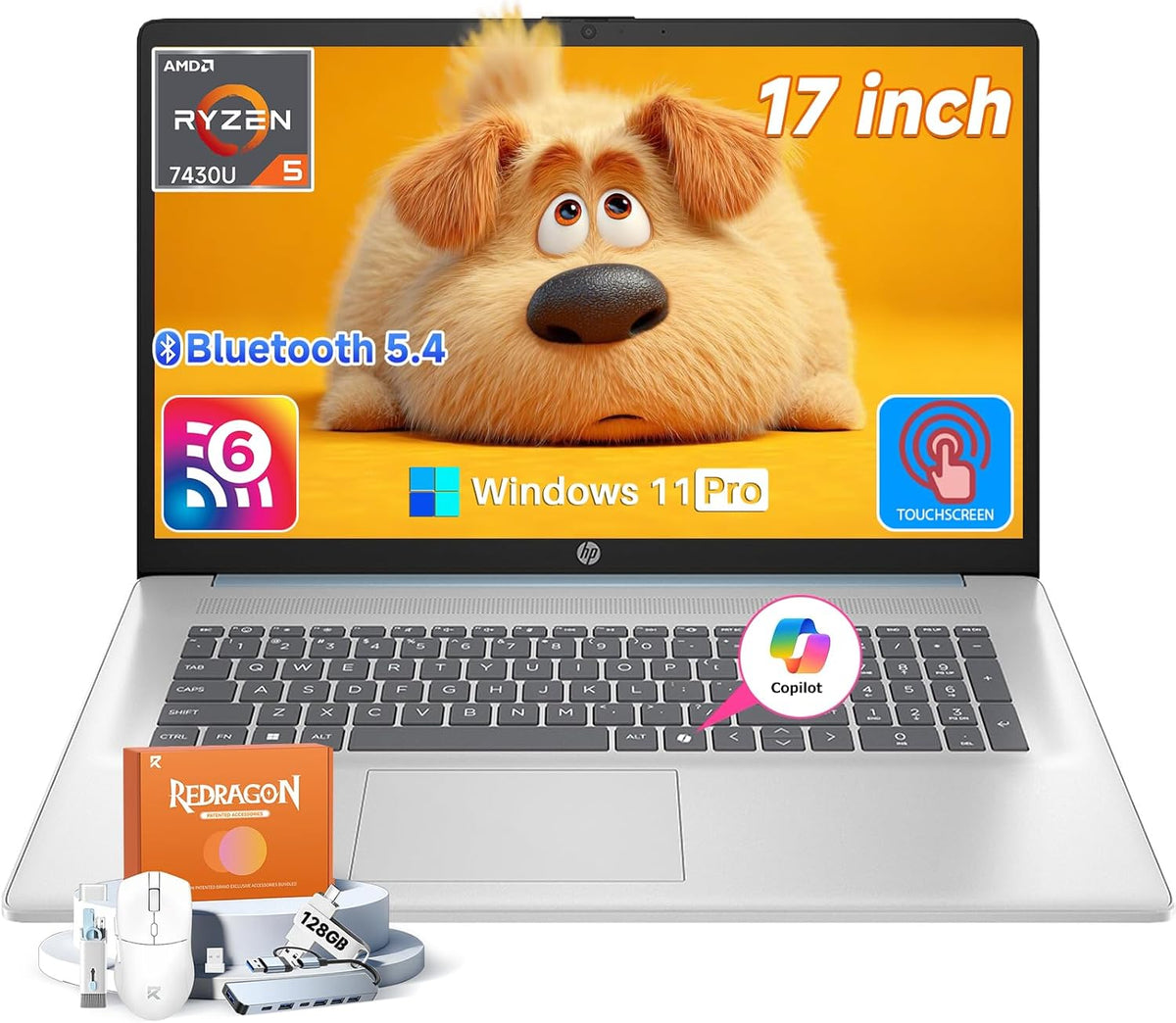 Ordinateur compact portable HP 2026 17 pouces tactile, Windows 11 Pro, Copilot AI, AMD Ryzen 5 7430U, écran tactile HD+ antireflet de 17,3 pouces, 32 Go de RAM, SSD de 2 To, charge rapide, webcam HD, Wi-Fi 6, Bluetooth 5.4, accessoires