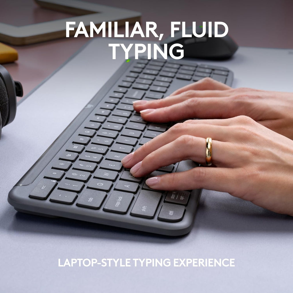 Ensemble clavier et souris à connectivité sans fil Logitech Signature Slim MK955 pour professionnels : frappe silencieuse, récepteur sécurisé, Bluetooth, certification internationale, compatible Windows/Mac/Chrome/Linux - Graphite