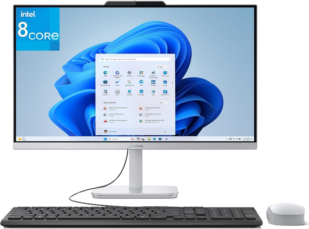 Ordinateur de bureau tout-en-un Lenovo IdeaCentre 24" 1080p, processeur Intel Core i3-N305 à 8 cœurs, 16 Go de RAM DDR4, SSD PCIe de 1 To, écran 23,8", adapté à un usage domestique, Office 365 inclus, Wi-Fi 6, Bluetooth, Windows 11, blanc.