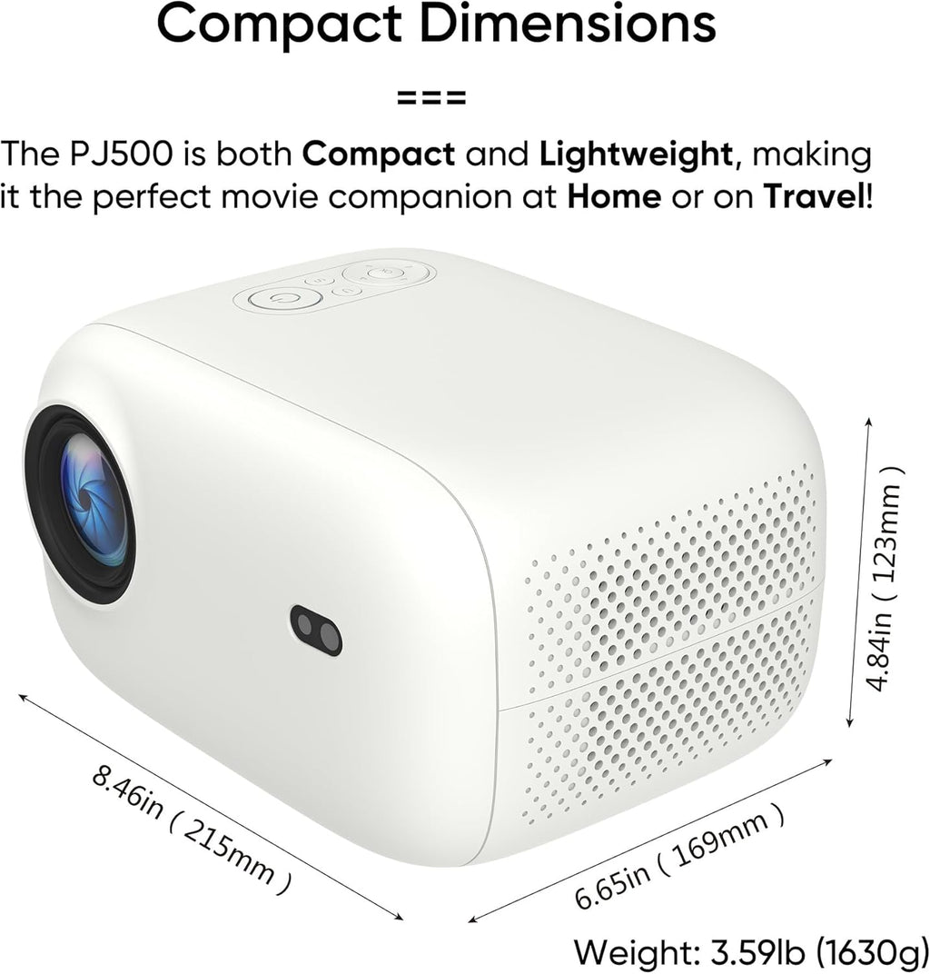 Projecteur intelligent au format compact PJ500, écran HD 1080p de 40 à 130 pouces, décodage 4K, 550 lumens ANSI, mise au point automatique et correction trapézoïdale, connectivité Wi-Fi 6 et Bluetooth 5.2