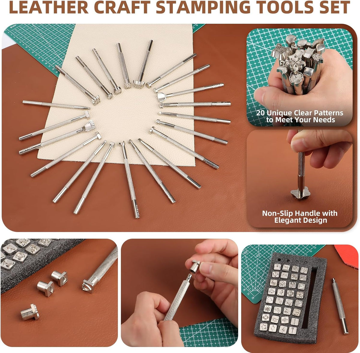 Kit d'outils pour un usage professionnel du cuir : ensemble complet incluant un tablier, des tapis de découpe, des outils de marquage, de gravure, de poinçonnage, de couture et de ponçage pour la fabrication et la réparation du cuir. adapté à les…