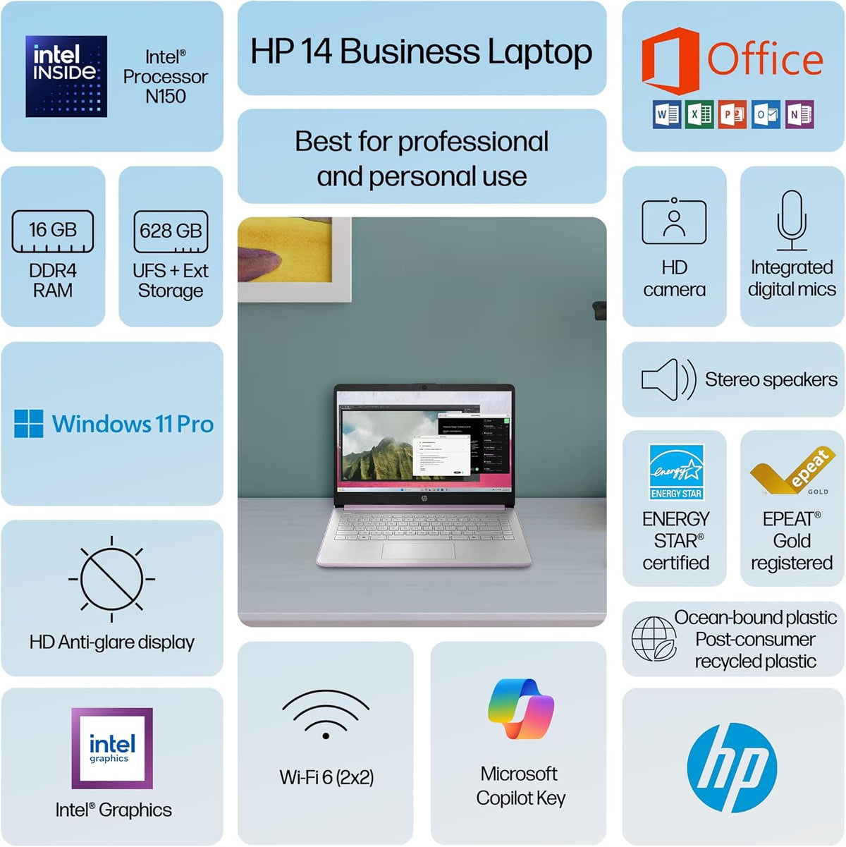 Ordinateur compact portable HP Ultrabook 14 pour le travail, les études et la maison (édition 2025), suite Microsoft Office et Windows 11 Professionnel à vie, processeur Intel quadricœur, 16 Go de RAM et 628 Go de stockage (128 Go UFS + 500 Go