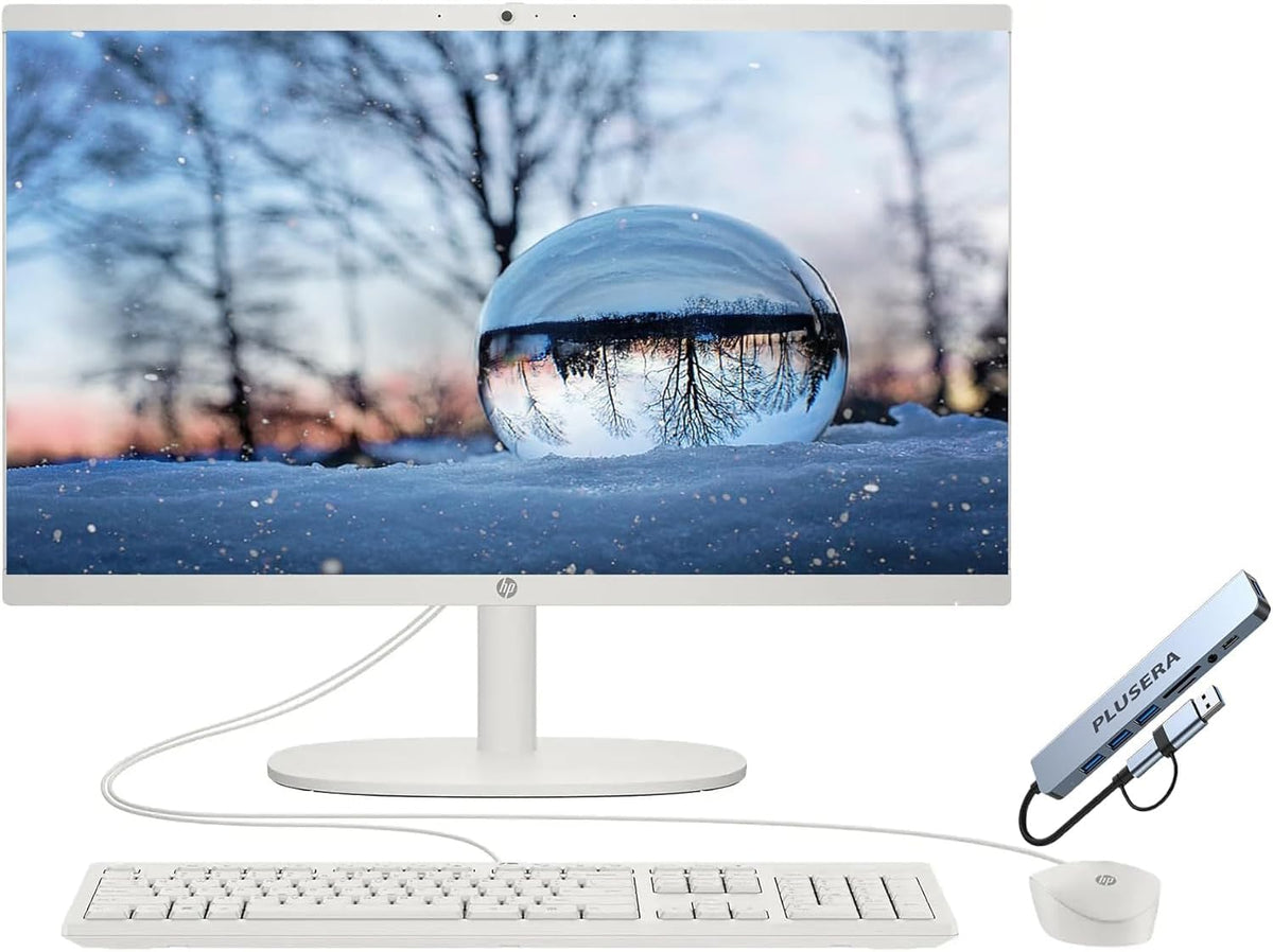 Ordinateur de bureau tout-en-un HP 21,5" FHD, 32 Go de RAM, 128 Go UFS, processeur Intel N100 quadricœur, Windows 11, clavier et souris, hub PLUSERA 8-en-1 inclus, blanc cachemire – Modèle pratique