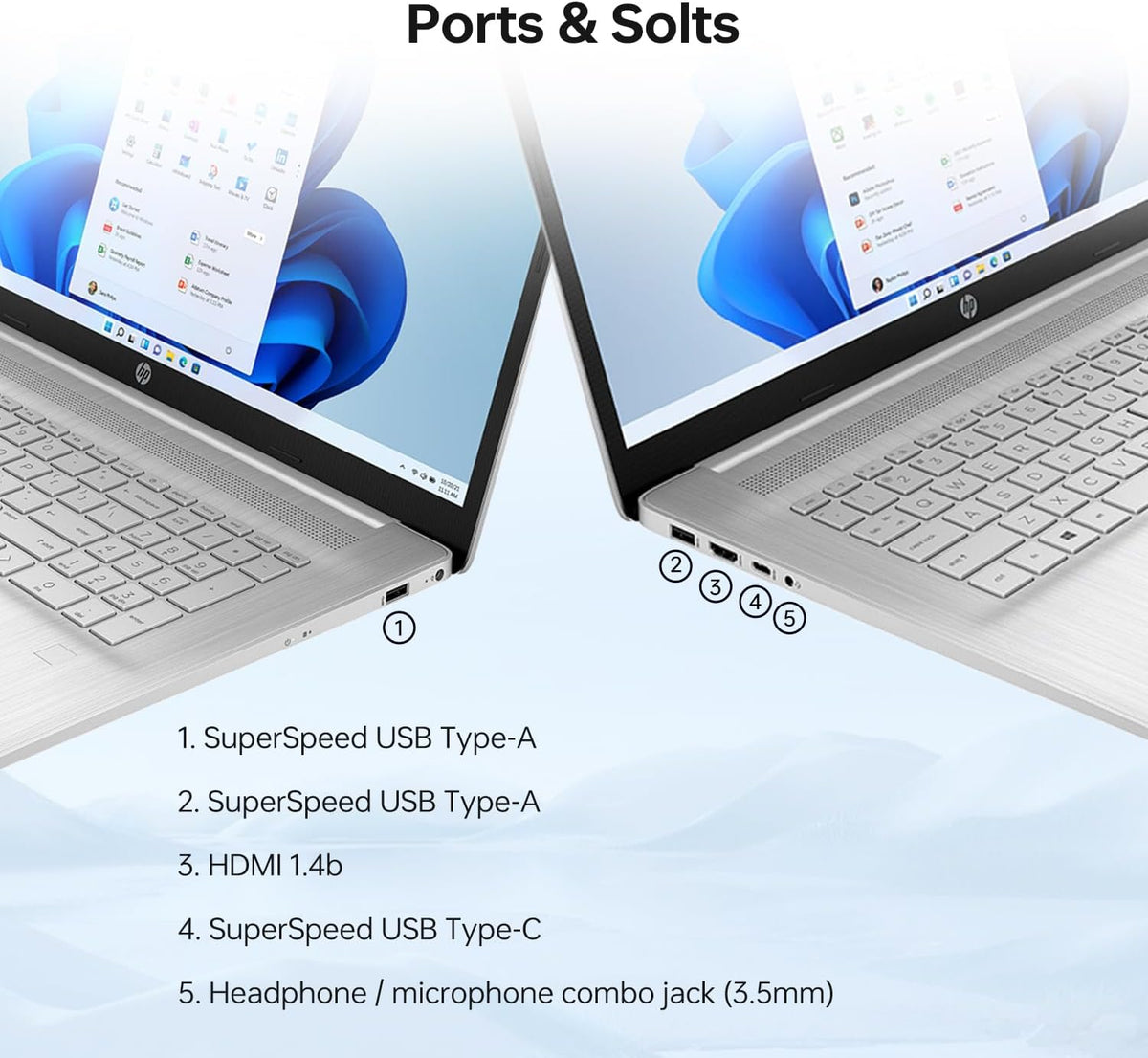 Ordinateur compact portable HP 17 : écran tactile HD+ de 17,3 pouces, processeur Intel Core i7-1255U de 12e génération, 64 Go de RAM, SSD de 2 To, webcam, HDMI, ports USB SuperSpeed, Wi-Fi 6, Windows 11 Famille, couleur argent.