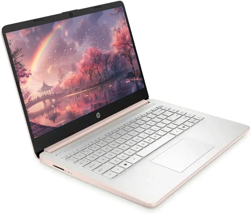 Ordinateur compact portable professionnel HP 14 avec Microsoft Office 365, processeur Intel quadricœur, 128 Go de stockage UFS + 1 To de stockage cloud, 8 Go de RAM, Windows 11, écouteurs SageNova, couleur or rose pâle.