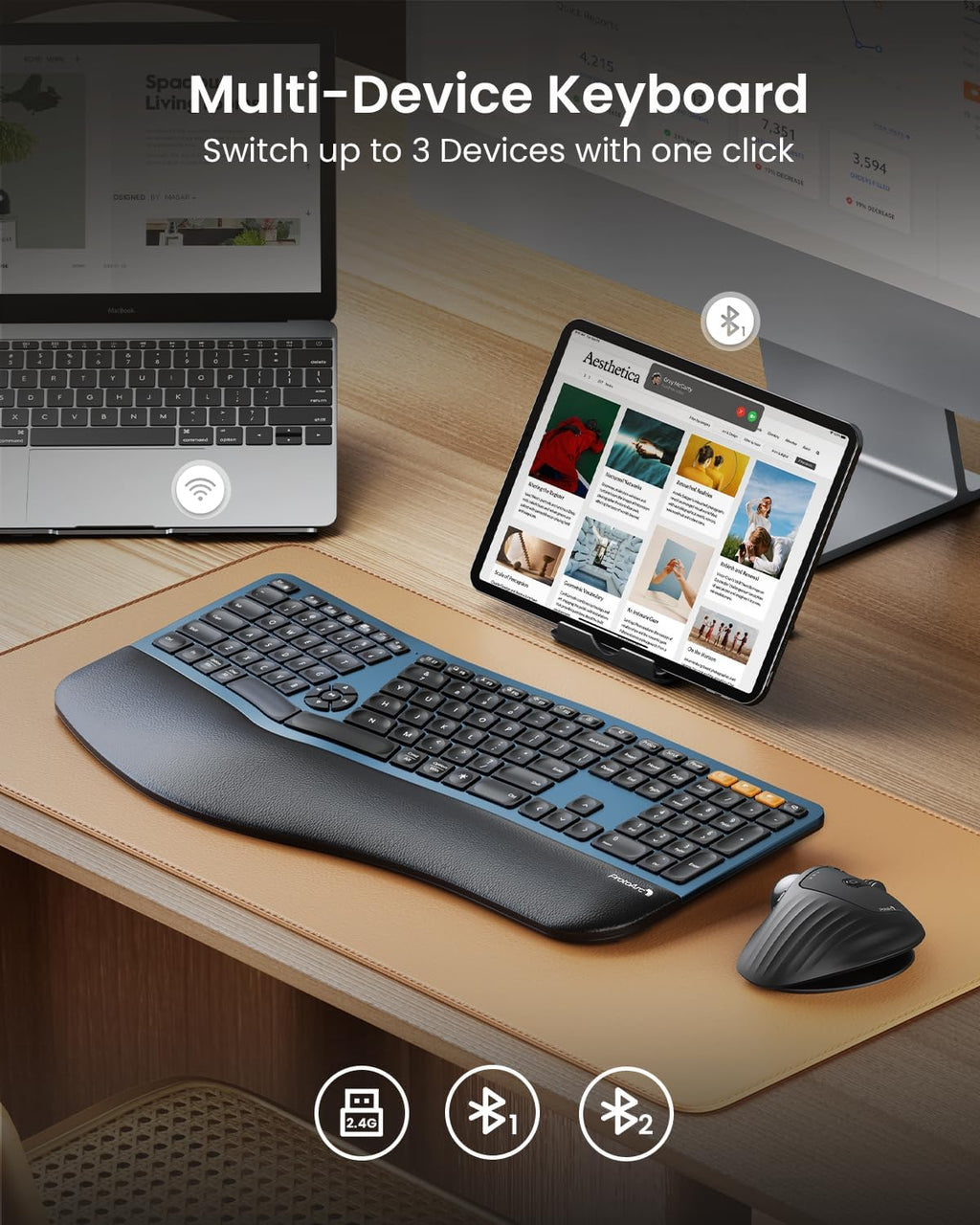 Clavier ergonomique Bluetooth rétroéclairé ProtoArc EK01 Plus, clavier à connectivité sans fil complet divisé doté de double connectivité Bluetooth et USB, repose-poignets rembourré, rechargeable, compatible Windows/Mac/Android, bleu