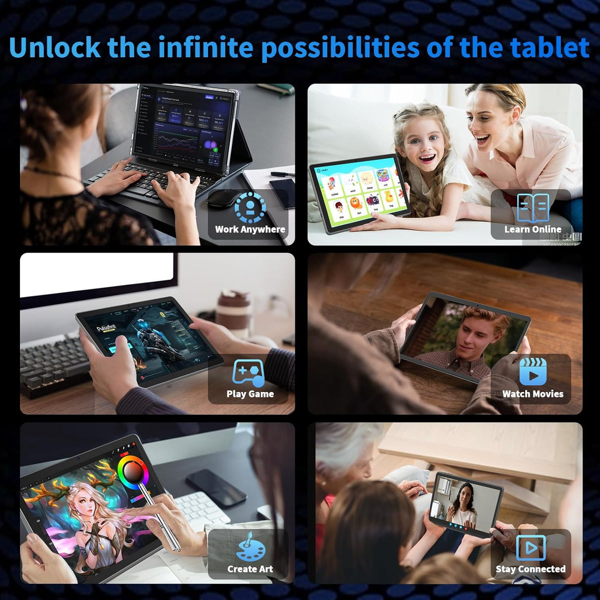 Tablette tactile Android 15 10 pouces (2026) avec clavier, 26 Go + 256 Go, extensible jusqu'à 2 To, Gemini AI avec processeur octocœur, batterie 8 000 mAh, Wi-Fi 5G, GPS, GMS, Widevine L1, tablette 2 en 1 avec étui, souris et stylet (étui noir).