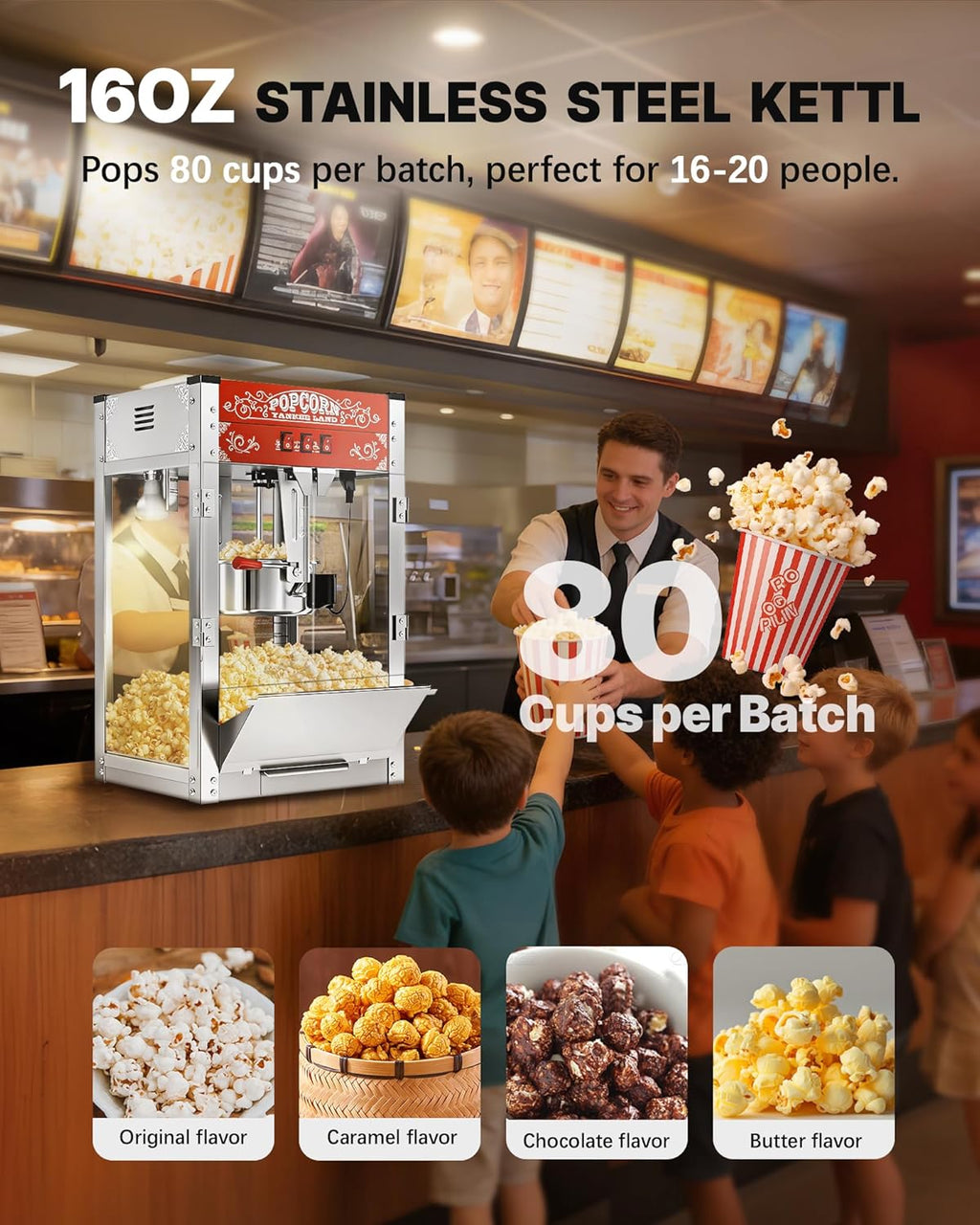 Machine à popcorn commerciale 16 oz, 1440 W, machine à popcorn de cinéma, machine à popcorn de table rouge dotée de commande à 3 interrupteurs et portes en verre trempé à cadre en acier