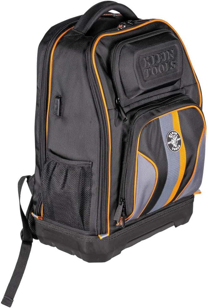 Sac à dos pour ordinateur compact portable Klein Tools 62805BPTECH à 28 poches, sac à outils Tradesman Pro extra-large avec fond moulé et port de chargement