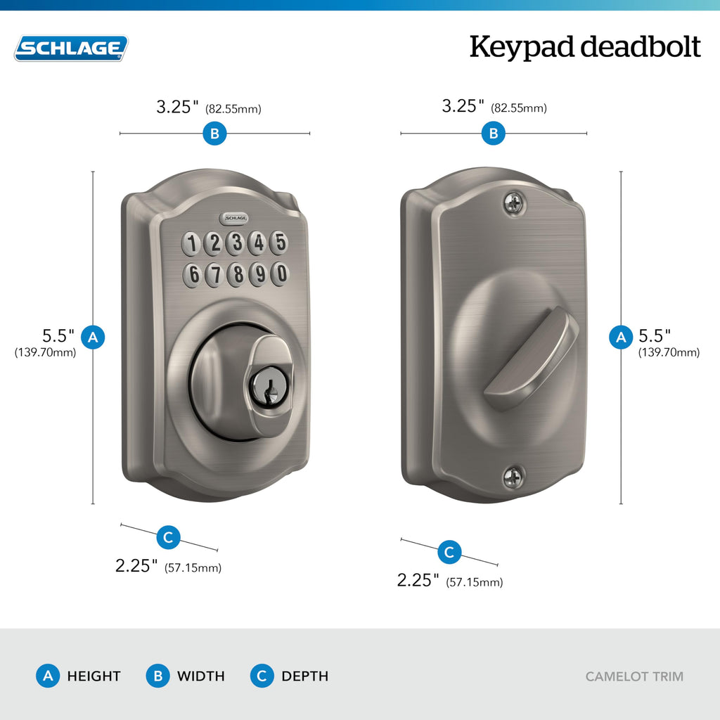 Serrure à pêne dormant SCHLAGE Camelot à clavier numérique - Entrée sans clé, nickel satiné – Modèle pratique