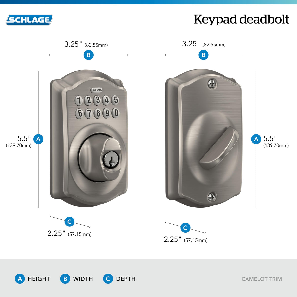 Serrure à pêne dormant SCHLAGE Camelot à clavier numérique - Entrée sans clé, nickel satiné – Modèle pratique