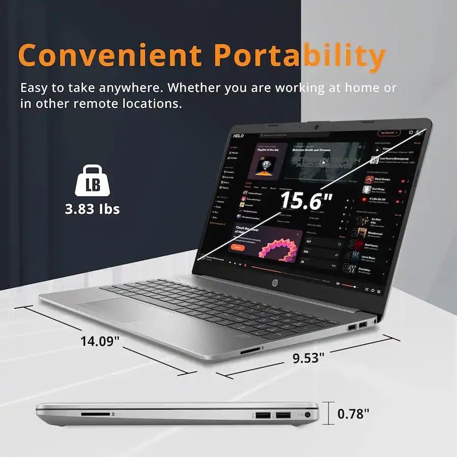Ordinateur compact portable HP 15,6" | Édition 2026 | 16 Go de RAM | SSD 256 Go | Processeur Intel | Écran Full HD 1080p | Windows 11 | Wi-Fi 6 et Ethernet | Clavier complet | Autonomie longue durée