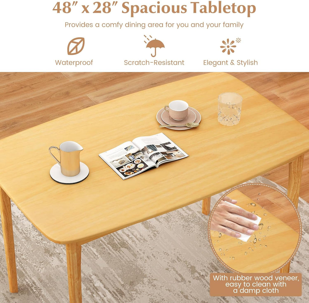 Table de salle à manger Giantex pour 4 personnes, table de cuisine rectangulaire de 122 cm dotée de pieds en bois d'hévéa massif et plateau spacieux, table à manger en bois pour salon/salle à manger, coin repas (naturel)