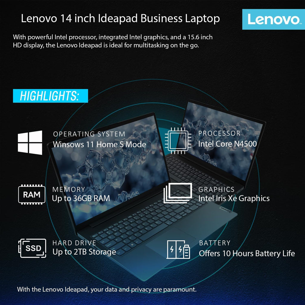 Ordinateur compact portable Lenovo IdeaPad avec Microsoft Office, 12 Go de RAM, 1,2 To (1 To Cloud et 256 Go de stockage), processeur Intel hautes performances, autonomie de 11 heures, lecteur de carte SD, webcam + USB-C, clé USB de récupération