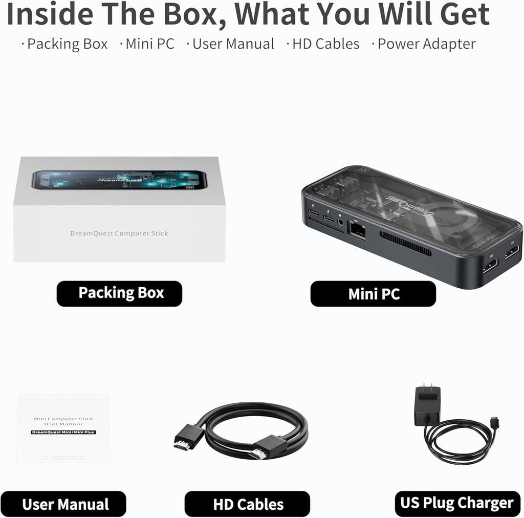 Mini PC DreamQuest Mini Plus doté de Windows 11 Pro préinstallé, processeur Intel N95 (allant jusqu'à 3,4 GHz), 12 Go de RAM DDR5, SSD de 512 Go, 2 ports USB-C, 2 ports HDMI, 4 ports USB 3.2, Wi-Fi 6, Bluetooth 5.3 et compatibilité 4K 60 Hz.
