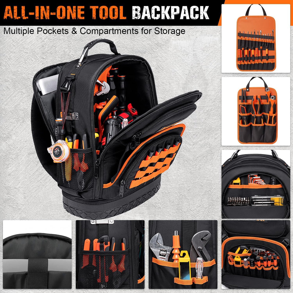 Sac à dos robuste à 96 poches pour outils de CVC, sac à dos d'électricien pour hommes et femmes, organisateur de sac à outils pour CVC, grand sac à dos avec compartiment pour ordinateur compact portable et base moulée pour la construction