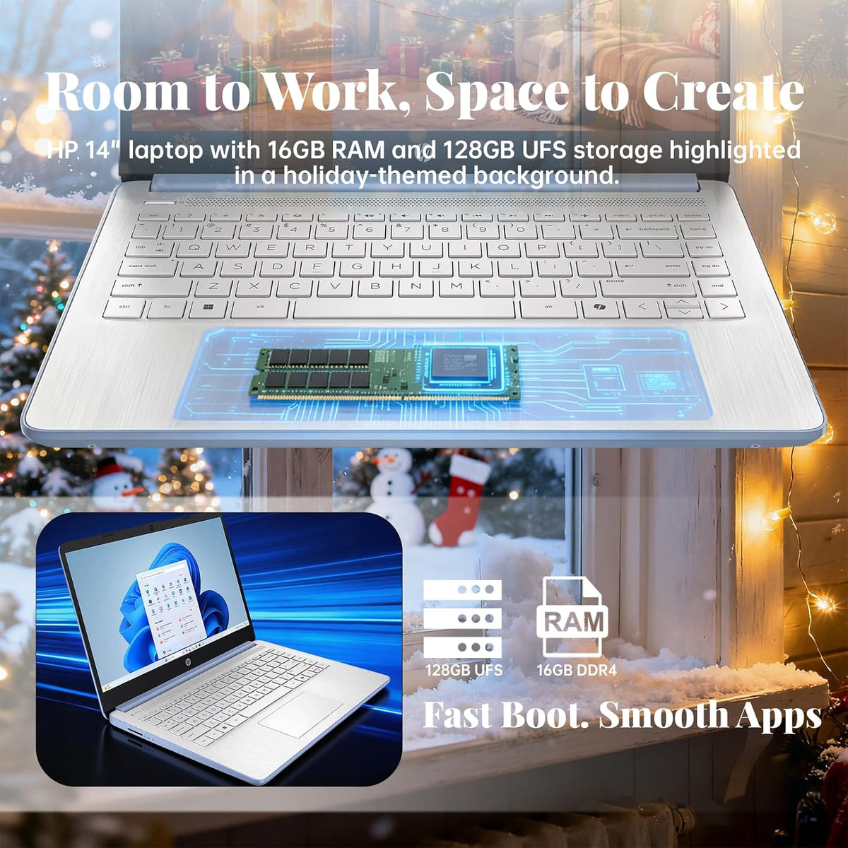 Ordinateur compact portable HP 14 2025 Professionnel Étudiant Fin, 1 an d'abonnement, Office 365, Copilot AI, Processeur Intel Quad-Core, 16 Go de RAM, Disque dur UFS 128 Go et carte SD 128 Go, Wi-Fi 6, Windows 11 Pro, JQ2XzAccessory Bleu Ciel