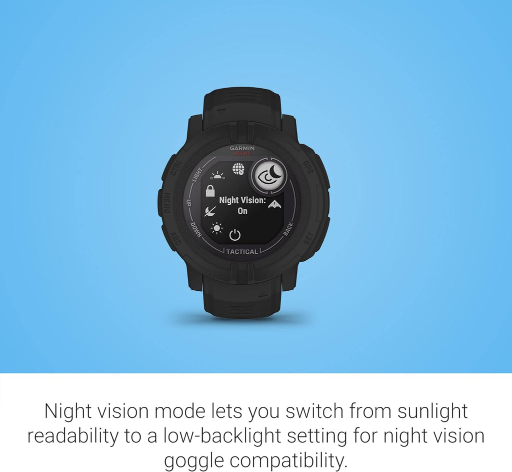 Montre Garmin Instinct 2 Solar Tactical-Edition robuste pour activités outdoor, doté de GPS, recharge solaire, conçue pour résister à tous les éléments, compatibilité multi-GNSS, fonction de retour en arrière et bien plus encore (noire).