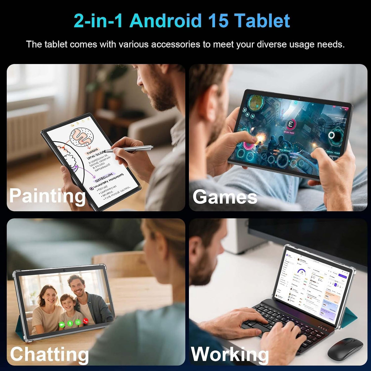 Tablette tactile Android avec clavier, 2026 Android 15, écran 10 pouces, 26 Go + 256 Go + 2 To extensible, tablette PC électronique avec processeur Gemini 8 cœurs, batterie 8 000 mAh, Wi-Fi 5G, GMS, tablette 2 en 1 avec étui, souris et stylet (étui v