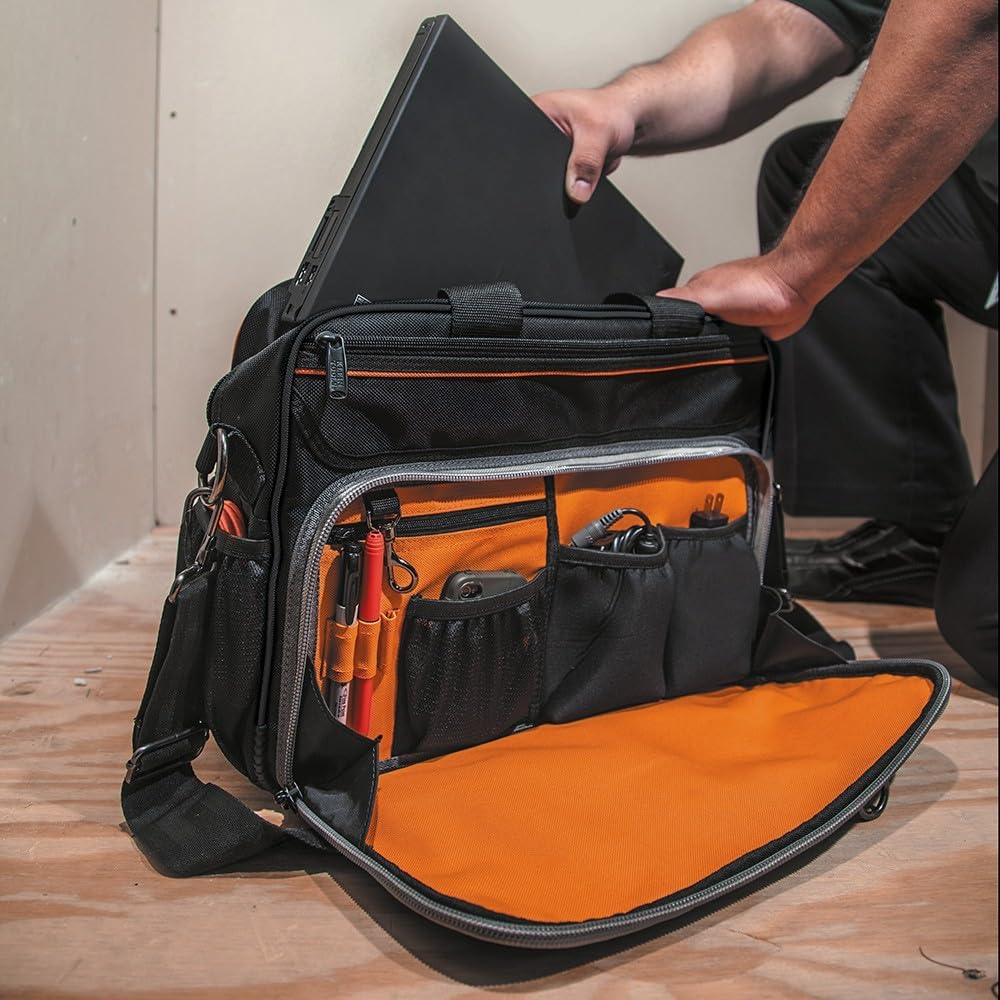Sac à outils Klein Tools 55455M, sac professionnel Tradesman avec poche pour ordinateur compact portable, noir et orange
