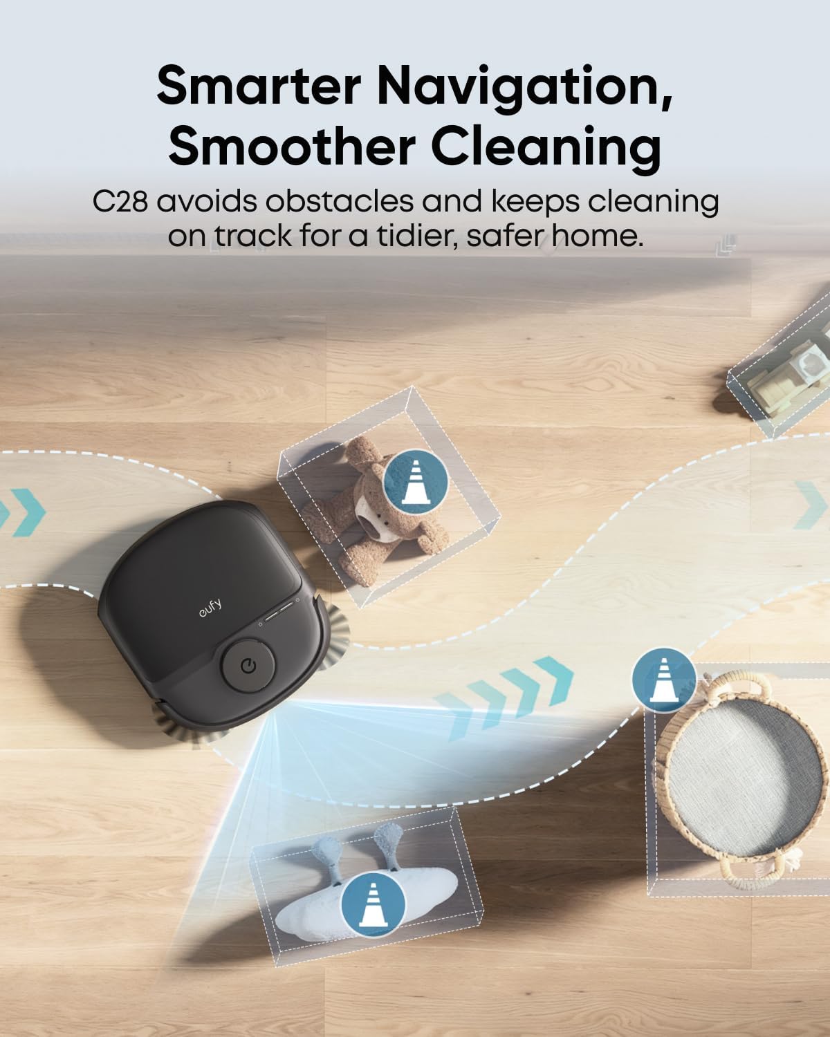 Aspirateur robot eufy C28 pour poils d'animaux, aspiration de 15 000 Pa, rouleau de nettoyage autonettoyant HydroJet™, brosse anti-emmêlement DuoSpiral, station de vidage automatique tout-en-un, détection d'obstacles par IA – Modèle pratique