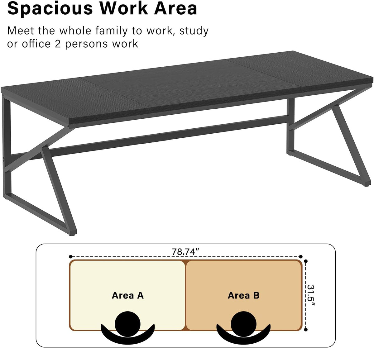 Bureau d'ordinateur HSH extra long noir, 198 cm (78 pouces), grand bureau pour deux personnes à domicile, style industriel, en métal et bois, idéal pour le travail de direction, l'écriture et les études. Table moderne noire pour PC compact portable