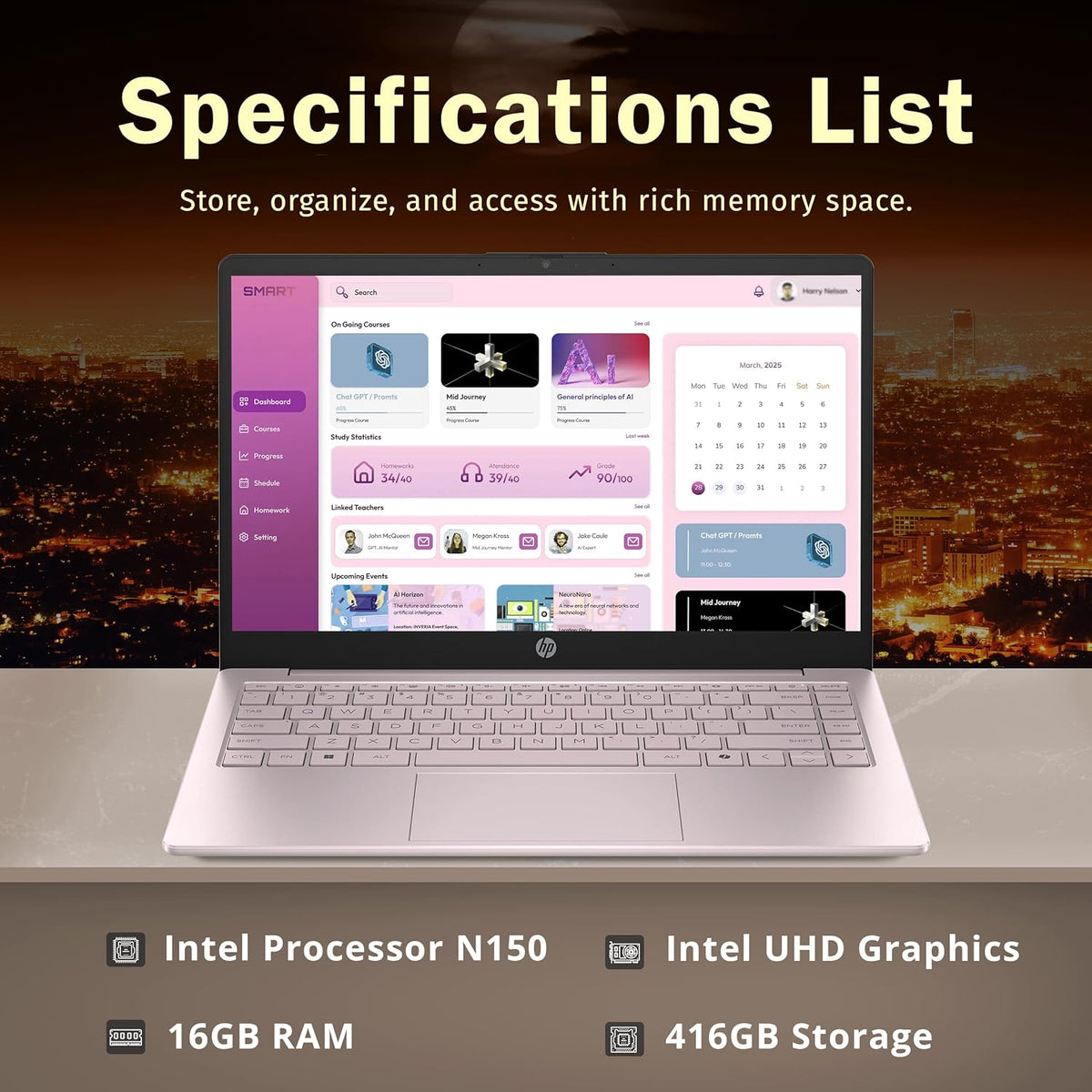 Ordinateur compact portable HP Stream 14 HD, processeur Intel N150, 16 Go de RAM, 416 Go de stockage (128 Go UFS + station d'accueil de 288 Go), carte graphique Intel, abonnement d'un an à Office 365, Copilot, Wi-Fi, webcam HD, Windows 11, rose