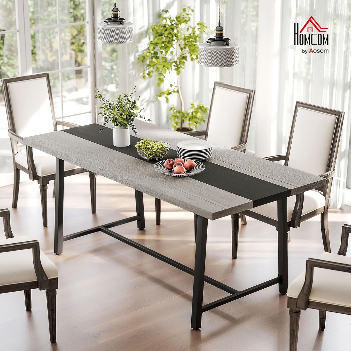 Table de salle à manger industrielle HOMCOM pour 8 personnes, table rectangulaire de 180 cm de long dotée de grand plateau et pieds en acier, gris vieilli