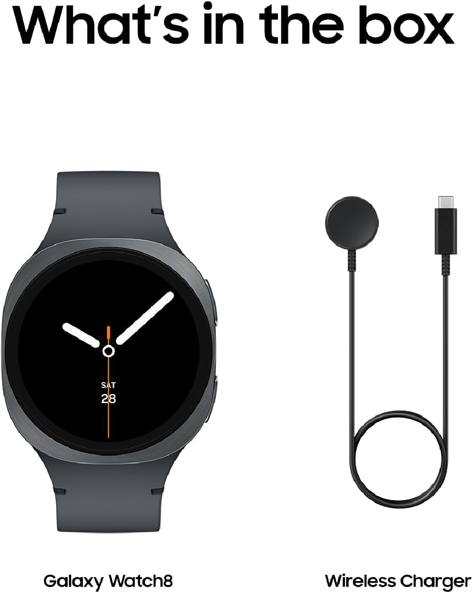 Présentation : Montre connectée Samsung Galaxy Watch 8 (2025) 40 mm Bluetooth, design coussin, suivi d'activité, coaching du sommeil et de la course à pied, score d'énergie, suivi de la fréquence cardiaque, couleur graphite, version américaine, garan