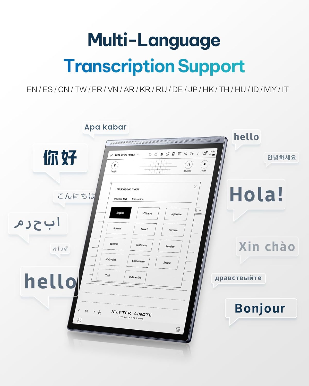 Pack iFLYTEK AINOTE Air 2 – Tablette tactile de prise de notes IA à encre électronique 8,2 pouces avec stylet, 4 096 niveaux de pression, carnet numérique avec transcription vocale, prise en charge multilingue, idéale pour les réunions et les études