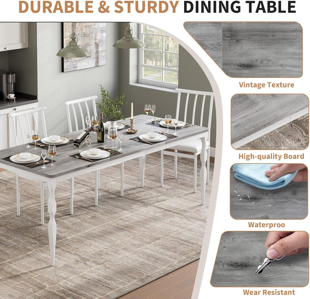 Table de salle à manger rectangulaire pour 6 personnes, 180 cm, style rustique, dotée de grand plateau, pieds robustes, idéale pour les repas en famille ou entre amis. Grise.