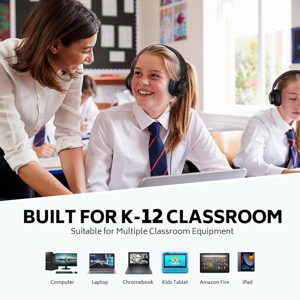 AILIHEN Casque audio filaire pour l'école, lot de 12 casques avec microphone pour les élèves du primaire et du secondaire, compatible avec Chromebook, ordinateur et ordinateur compact portable (noir), prise jack 3,5 mm
