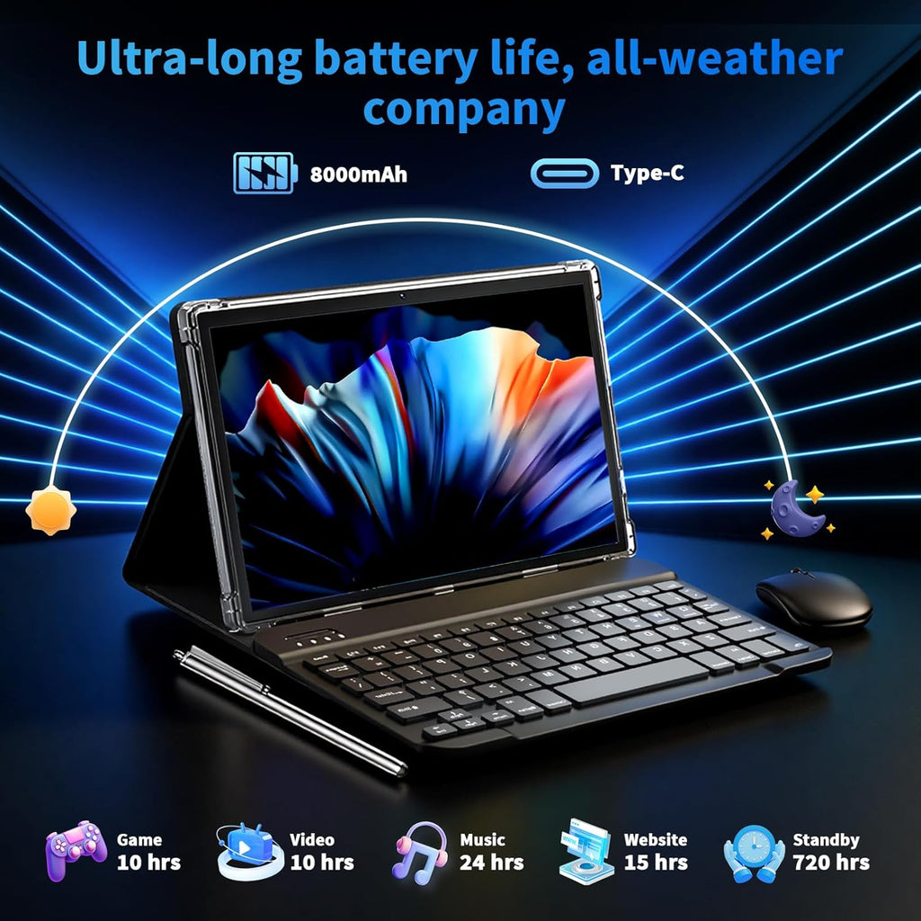 Tablette tactile Android 15 10 pouces (2026) avec clavier, 26 Go + 256 Go, extensible jusqu'à 2 To, Gemini AI avec processeur octocœur, batterie 8 000 mAh, Wi-Fi 5G, GPS, GMS, Widevine L1, tablette 2 en 1 avec étui, souris et stylet (étui noir).