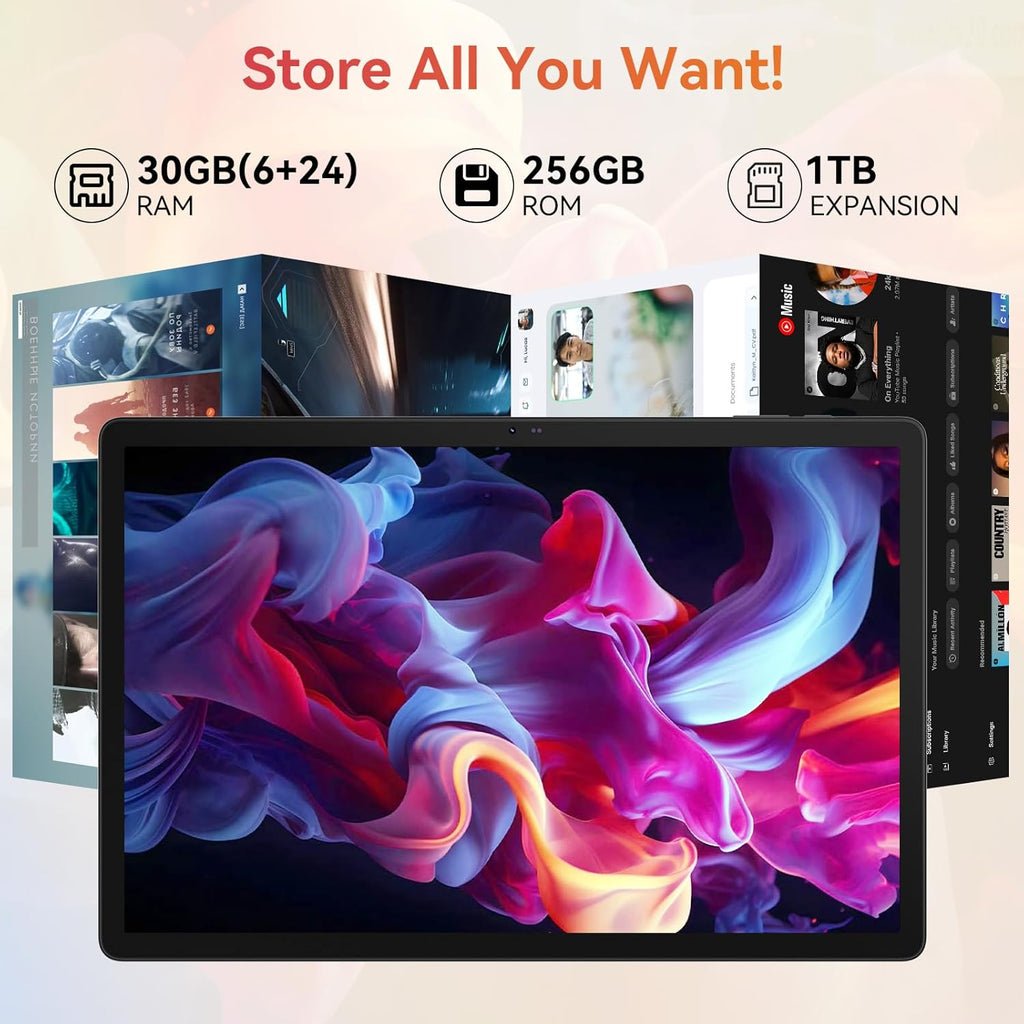 Tablette tactile | 14 pouces Android 16 | 30 Go de RAM, 256 Go de ROM | Écran IPS Full HD 1920 x 1200 | Batterie 10 000 mAh, charge rapide 30 W | Processeur octocœur | Wi-Fi 6, Bluetooth 5.4 | Double caméra | Clavier | Souris | Stylet | Étui | Casque