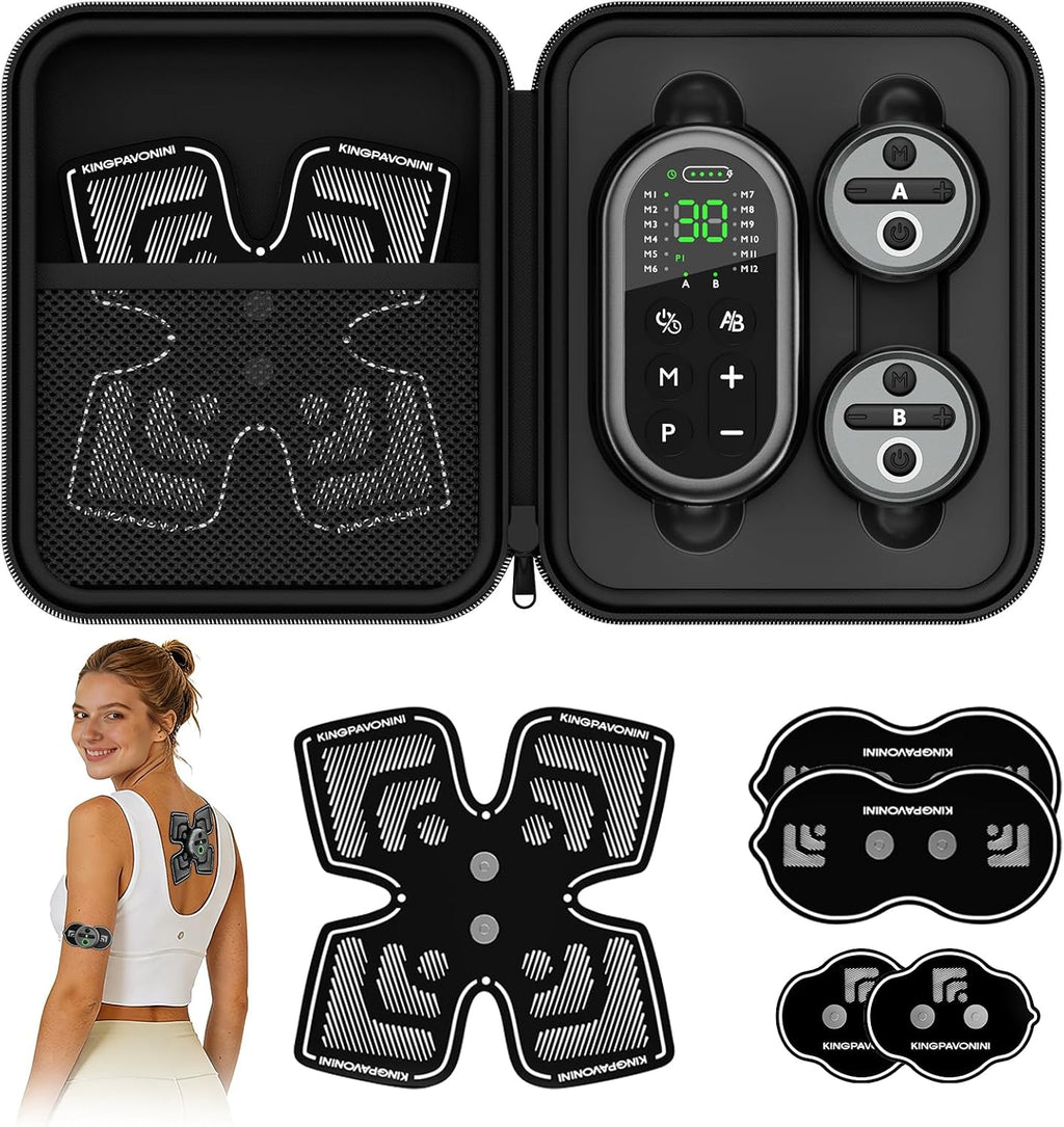 Appareil d'électrostimulation musculaire à connectivité sans fil KingPavonini TENS - Rangement et chargement tout-en-un, 48 modes et 30 intensités, appareil TENS à double canal pour le soulagement de la douleur, électrodes XL pour le dos, les…