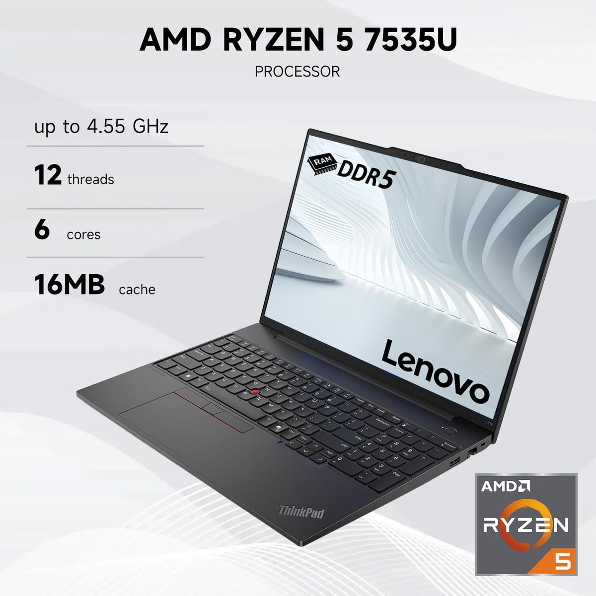 Ordinateur compact portable professionnel Lenovo ThinkPad E16 : écran tactile antireflet FHD+ 16 pouces, processeur AMD Ryzen 5 7535U, 32 Go de RAM DDR5, SSD de 1 To, Wi-Fi 6E, lecteur d’empreintes digitales, webcam rétroéclairée, Windows 11 Pro et